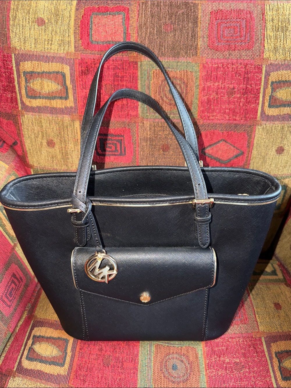 Michael Kors Black Saffiano Leather Tote with Gold-Tone Charm
